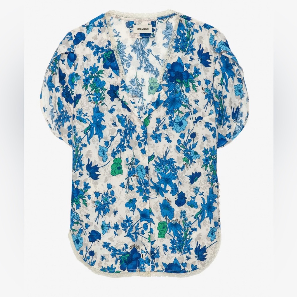 Zadig & Voltaire Tiffiny floral-print crepe blouse - Lace trim - Size XS - EUC - Picture 2 of 15
